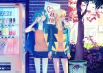  blonde_hair blue_hair blush can hair_over_one_eye hand_holding holding_hands inazuma_eleven inazuma_eleven_(series) kazemaru_ichirouta long_hair male miyasaka_ryou mouth_hold multiple_boys ponytail poster poster_(object) red_eyes rozer shorts track_jacket trap trashcan tree vending_machine yellow_eyes 