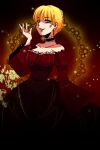  bare_shoulders beatrice blonde_hair blue_eyes breasts choker cleavage dress flower grin hair_flower hair_ornament highres large_breasts plant rose sakegohan sleeves_past_wrists smile solo sparkle umineko_no_naku_koro_ni 