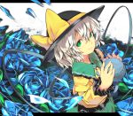  bow dress flower frills from_above green_eyes hat hat_bow komeiji_koishi letterboxed looking_at_viewer masshigura petals ruffles short_hair skirt smile solo third_eye toes touhou white_hair 