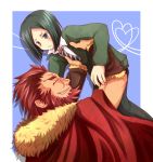 armor beard black_hair blush bob_cut cape facial_hair fate/stay_night fate/zero fate_(series) green_eyes green_hair grin grinning heart heart_of_string height_difference lifting male multiple_boys necktie red_hair redhead rider_(fate/zero) size_difference smile waver_velvet yzb-030 