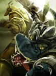  2boys animal_ears armor bare_shoulders blade bracer claws donarudo forest hat helmet league_of_legends multiple_boys nasus nature no_humans open_mouth red_eyes renekton scales sharp_teeth slit_pupils staff tail tongue weapon yellow_eyes 
