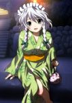  blue_eyes braid highres izayoi_sakuya japanese_clothes kimono maid_headdress obi silver_hair sitting solo touhou yadokari_genpachirou yukata 