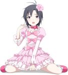  antenna_hair black_eyes black_hair bow choker collarbone dress flower frills hair_flower hair_ornament idolmaster idolmaster_2 kikuchi_makoto looking_at_viewer open_mouth pink_dress ribonzu shoes short_hair simple_background sitting solo tears wariza 