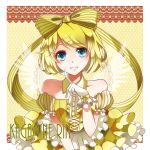  blonde_hair blue_eyes bow character_name dress frills gloves grin hair_bow hair_ornament hair_ribbon hairclip highres kagamine_rin lace nou ribbon short_hair smile solo vocaloid yellow 