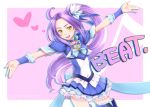  :d blue_dress boots brooch character_name choker cure_beat dress earrings english hair_ornament hair_ribbon hairpin heart highres jewelry kurokawa_ellen long_hair magical_girl open_mouth outstretched_arms outstretched_hand precure purple_background purple_hair ribbon sakura_kotetsu side_ponytail siren_(suite_precure) skirt smile solo spread_arms suite_precure thigh-highs thigh_boots thighhighs title_drop yellow_eyes zettai_ryouiki 