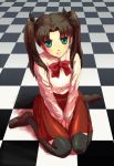  between_thighs black_hair black_legwear blue_eyes blush bow checkered checkered_floor face fate/stay_night fate/zero fate_(series) long_hair looking_at_viewer mayotama sitting solo thigh-highs thighhighs thighs tohsaka_rin toosaka_rin twintails v_arms wariza young 