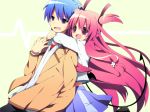  blue_hair hair_ribbon hinata_(angel_beats!) hug hug_from_behind long_hair pink_eyes pink_hair purple_eyes ribbon school_uniform short_hair soranagi twintails violet_eyes yui_(angel_beats!) 