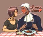  blush brown_hair choker closed_eyes collarbone dark_skin eating eyes_closed fork holding holding_fork holding_spoon king_of_fighters krizalid napkin profile rukiana short_hair silver_hair snk spoon sweat whip whip_(kof) 
