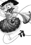  azelye bare_legs black_sclera frilled_skirt frills hand_on_hat hane_(azelye) hat holding holding_hat jumping komeiji_koishi long_hair long_sleeves monochrome open_mouth simple_background skirt sleeves_past_wrists solo third_eye touhou wide_sleeves 