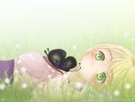  ao_no_exorcist blonde_hair blush butterfly dandelion grass green_eyes kayuki kimono moriyama_shiemi obi sakura solo 