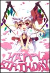  :d ascot blonde_hair border bow dress fang flandre_scarlet happy_birthday hat hat_bow highres masaki_(machisora) on_floor open_mouth paint paint_bucket paint_splatter paint_stains red_eyes shoes short_hair side_ponytail sitting smile solo spill the_embodiment_of_scarlet_devil thigh-highs thighhighs touhou wariza white_legwear wings zettai_ryouiki 