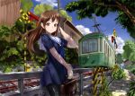  brown_hair daishou original pantyhose railroad_crossing railroad_tracks sailor_dress school_uniform tram tree 
