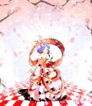  absurdres blue_hair blush branch breasts checkered checkered_floor cherry_blossoms cleavage dress flower frills highres honteri_mirin jewelry nagae_iku necklace open_mouth petals pink_eyes pink_rose ribbon rose short_hair smile touhou veil wedding_dress 
