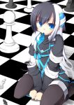  black_hair black_legwear blue_eyes checkered checkered_floor chess hair_ornament hand_between_legs hasumi_takashi long_hair long_sleeves mouth_hold multicolored_hair norah_bright object_in_mouth original pantyhose seiza sitting sleeves_past_wrists two-tone_hair white_hair 