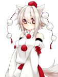  :/ animal_ears bad_id bare_shoulders blush bust detached_sleeves hat inubashiri_momiji orange_eyes short_hair solo tail tokin_hat touhou white_hair wolf_ears wolf_tail yutazou 