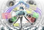  alternate_costume bare_shoulders blue_eyes blue_hair choker crossed_legs elbow_gloves gloves hatsune_miku holographic_interface legs_crossed long_hair midriff musical_note navel neno_(mono) sitting skirt solo speaker thigh-highs thighhighs twintails very_long_hair vocaloid 