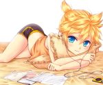  ass blonde_hair blue_eyes cd digital_media_player earbuds headphones ipod jewel_case kagamine_len male mp3_player paper pillow pillow_hug ponytail sheet_music shorts smile solo trap vocaloid 