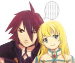  blue_eyes brown_eyes colette_brunel frown kapipa kratos_aurion long_hair purple_hair smile spiked_hair spiky_hair tales_of_(series) tales_of_symphonia thought_bubble translated 