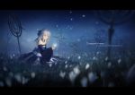  blurry breasts cleavage cupping_hands depth_of_field detached_collar detached_sleeves dress flower glowing hjl long_hair petals pixiv_fantasia pixiv_fantasia_wizard_and_knight red_eyes silver_hair sitting solo staff strapless_dress 