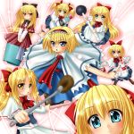  alice_margatroid blonde_hair blue_eyes bottle brush bucket capelet doll green_eyes hair_ribbon hairband hourai_doll kagura_chitose multiple_girls plunger purple_hair red_eyes ribbon shanghai_doll short_hair string touhou towel yellow_eyes 