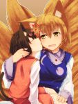  animal_ears blonde_hair brown_hair cat_ears cat_tail cheek_kiss chen dokuo dress drooling fox_ears fox_tail hand_in_hair hand_on_knee heart highres kiss multiple_girls multiple_tails no_hat no_headwear open_mouth shirt short_hair sitting sitting_on_lap sitting_on_person skirt skirt_set tabard tail touhou wavy_mouth white_dress yakumo_ran yellow_eyes yuri 