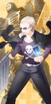  aile_(crossroads) blonde_hair blue_card bullet card collarbone floating_card glasses jacket_on_shoulders jewelry male necklace persona persona_4 school_desk school_uniform short_hair skull_and_crossbones solo sunglasses sunglasses_on_head take-mikazuchi tatsumi_kanji 