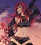  armpits belt clenched_hand cloud detached_sleeves earrings fist from_below frown gauntlets halter_top halterneck jewelry jonasan long_hair looking_away navel necklace pixiv_fantasia pixiv_fantasia_wizard_and_knight red_eyes red_hair redhead short_shorts shorts sky solo star_(sky) starry_sky sword thigh-highs thighhighs twilight weapon 