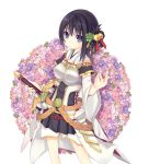  bell belt black_hair blue_eyes breasts detached_sleeves flower frown hair_bell hair_ornament highres icywood jingle_bell pixiv_fantasia pixiv_fantasia_wizard_and_knight short_hair solo sword weapon 