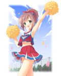  :d arm_up armpits blush bow brown_hair chainlink_fence cheerleader cloud confetti green_eyes hair_bow hair_up midriff open_mouth original pan_(mimi) pom_poms ponytail skirt skirt_lift sky smile solo wind_lift 