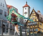  alternate_costume aqua_eyes aqua_hair bad_id bow clock clock_tower closed_umbrella flower germany hair_bow hatsune_miku jacket janemere leaning long_hair necktie outdoors railing skirt sky smile solo tower twintails umbrella very_long_hair village vocaloid 