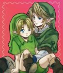  2boys blue_eyes boots child dual_persona earrings gloves hat jewelry link multiple_boys nintendo pointy_ears smile suzuno_(kazahanasu) the_legend_of_zelda young_link 