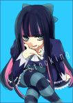  :q bad_id bangs blunt_bangs bow character_name crossed_legs from_above gazing hair_bow hand_on_own_face hand_to_face legs_crossed mizushiro_aoi multicolored_hair panty_&amp;_stocking_with_garterbelt simple_background sitting solo stocking_(character) stocking_(psg) striped striped_legwear thighhighs tongue 