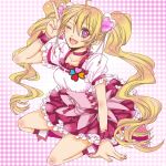  ;d blonde_hair boots choker cuffs cure_peach dress earrings fresh_precure! frills gathers hair_ornament hairpin happy heart jewelry kneeling long_hair magical_girl momozono_love open_mouth pastel_alice precure ruffles smile solo twintails v wink wrist_cuffs 