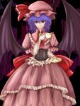  bat_wings blue_hair bow cup dress gloves hat hat_bow highres large_bow plate red_eyes remilia_scarlet smile solo teacup touhou untsue wings 