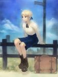 bare_legs blonde_hair boots castle casual dress england fate/stay_night fate_(series) fence green_eyes hair_ribbon lolihorn ribbon saber sign sitting suitcase 