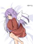  bed goddess hair_ribbon halo highres kami_nomi_zo_shiru_sekai minerva_(kaminomi) oversized_clothes purple_hair ribbon school_uniform sleeves_past_wrists solo tears wings 