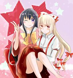  blonde_hair blush bowtie carrying dress_shirt fujiwara_no_mokou holding houraisan_kaguya long_hair multiple_girls princess_carry red_eyes shindo shirt skirt star suspenders touhou v wink 