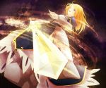  armor armored_dress bad_id blonde_hair dress excalibur fate/stay_night fate/zero fate_(series) gauntlets glowing glowing_sword glowing_weapon green_eyes highres long_hair open_mouth perspective saber solo sword weapon yuri11108 