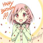  braid casual flower hair_flower hair_ornament happy happy_birthday highres kantoku looking_at_viewer official_style open_mouth pink_eyes pink_hair short_hair side_braid sky_(freedom) smile steepled_fingers title_drop your_diary yua_(your_diary) 