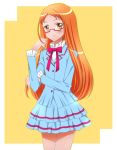  1girl adult alternate_hair_length alternate_hairstyle blazer bow bowtie bust buttons glasses happy kagami_chihiro long_hair looking_at_viewer orange_eyes orange_hair precure red-framed_glasses ribbon school_uniform semi-rimless_glasses shirabe_ako shirt skirt smile solo suite_precure under-rim_glasses 