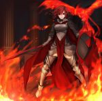  armro bird breastplate cape fire greaves looking_at_viewer maco phoenix pixiv_fantasia pixiv_fantasia_wizard_and_knight red_eyes red_hair redhead shield short_hair solo standing sword tabard weapon 