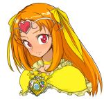  bow brooch bust choker circlet cure_muse cure_muse_(yellow) face frills hair_ribbon heart jewelry long_hair magical_girl orange_hair precure red_eyes ribbon shirabe_ako simple_background smile solo space_jin spacezin suite_precure white_background 