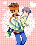  1girl adult bad_id blue_eyes blush brown_hair carrying couple endou_fuyuka endou_mamoru headband heart inazuma_eleven inazuma_eleven_(series) inazuma_eleven_go jacket jewelry kudou_fuyuka necklace open_mouth pantyhose princess_carry purin_(pinkcotton) purple_hair wink 