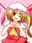  ascot bad_id blonde_hair blush dress fang flandre_scarlet highres open_mouth red_eyes shefu short_hair side_ponytail skirt smile solo the_embodiment_of_scarlet_devil touhou wings wink 