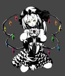  alternate_costume brooch dress flandre_scarlet frilled_dress frills gathers hat hat_ribbon highres hukuhi jewelry lace monochrome puffy_sleeves ribbon ruffles short_hair side_ponytail simple_background sitting solo spot_color the_embodiment_of_scarlet_devil touhou wings yellow_eyes 