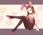  animal_ears bow brown_hair brown_legwear bunny_ears bunny_girl bunny_tail bunnysuit candy crossed_legs detached_collar fake_animal_ears highres idolmaster legs legs_crossed long_hair minase_iori mouth_hold onion_(artist) pantyhose red_eyes revised revision sitting solo tail wrist_cuffs 