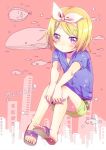  blonde_hair feet fish hair_ornament hair_ribbon hairclip hands_on_knees kagamine_rin purple_eyes ribbon sakuro sandals short_hair shorts sitting solo toes violet_eyes vocaloid whale young 