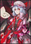  bat bat_wings blue_hair border claws colored_eyelashes eyelashes fingernails flower full_moon grin hat hat_flower hiruno koumajou_densetsu long_fingernails looking_at_viewer moon nail_polish popped_collar remilia_scarlet short_hair smile smirk solo touhou wings 