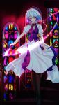  absurdres black_legwear braid highres inu3 izayoi_sakuya knife maid maid_headdress pantyhose red_eyes silver_hair solo stained_glass the_embodiment_of_scarlet_devil throwing_knife touhou twin_braids weapon 