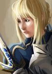  armor blonde_hair caliburn dress excalibur fate/stay_night fate/zero fate_(series) green_eyes hair_ribbon lips realistic ribbon saber solo sword weapon 